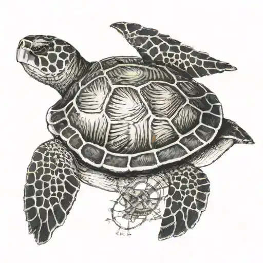 Sea Turtle with Compass on Shell tattoo design idea