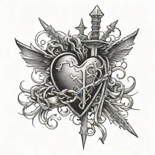 heart with a sword going through it, barbed wire around it and a cross with a flame at the top  tattoo design idea
