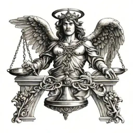 Scales of Justice with blindfold fallen angel tattoo design idea