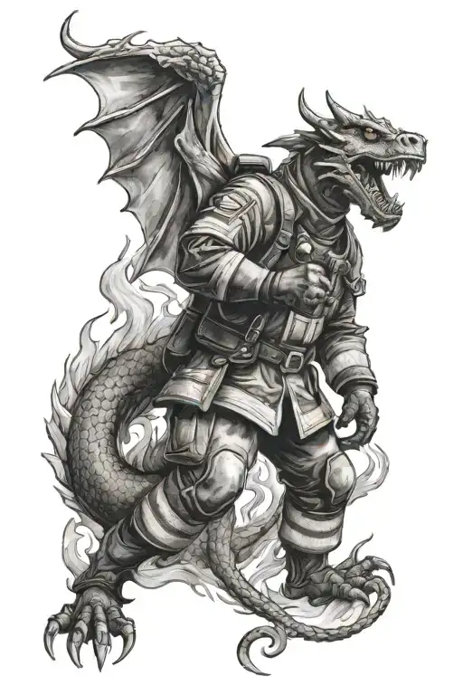 A firefighter in full gear battling flames with a dragon in the background tattoo design idea