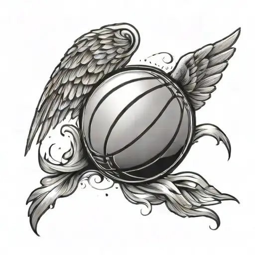 A portrait of a basketball with wings and a divine glow around it tattoo design idea