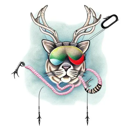 deer antler, fishing hook, yarn, cat tattoo design idea