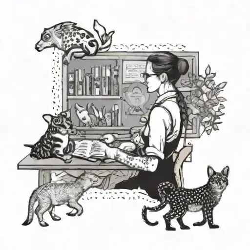 A dotwork tattoo of a teacher surrounded by various animals in a classroom setting tattoo design idea