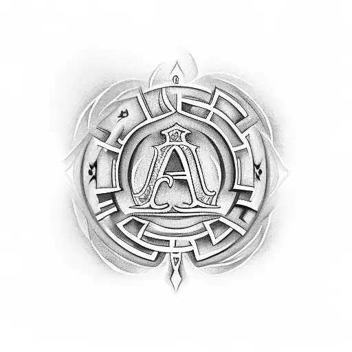 A tattoo with the word 'agapi-mou' and the initials 'DLPJ' in letters resembling Greek characters in blackwork Style tattoo design idea