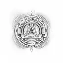 A tattoo with the word 'agapi-mou' and the initials 'DLPJ' in letters resembling Greek characters in blackwork Style tattoo design idea