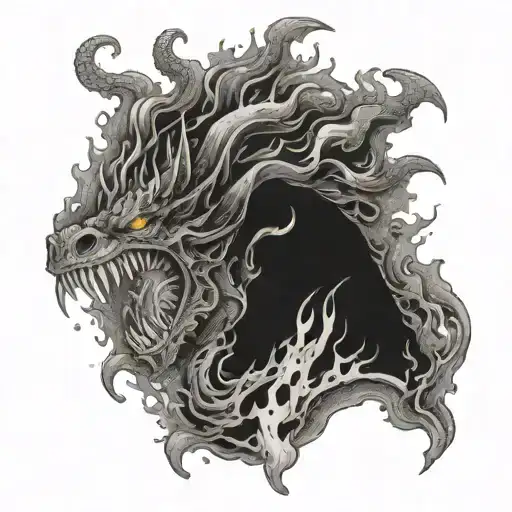 Sinister fire-breathing creature emerging from a fiery explosion in a mystical setting tattoo design idea