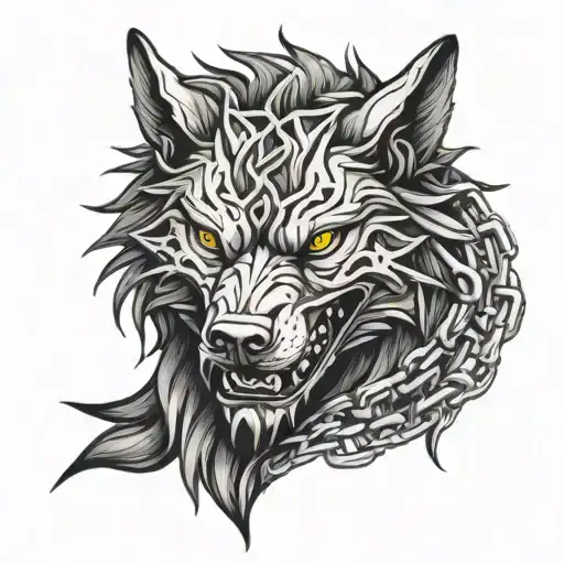 An evil and angry Fenrir wolf wrapped in chains with baseball stitches incorporated into the design tattoo design idea