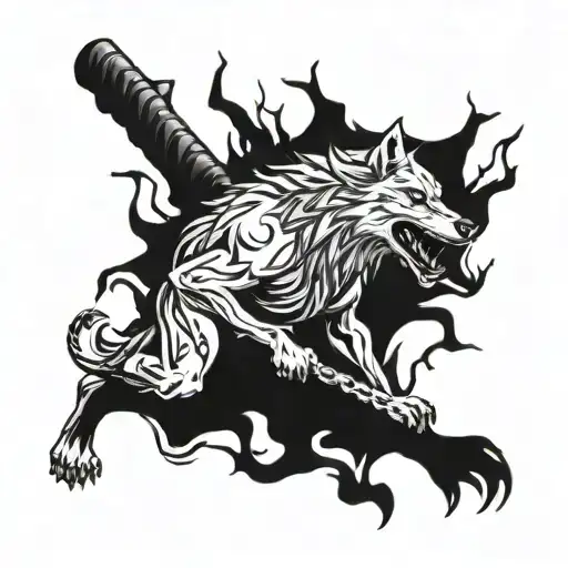 A fierce baseball player breaking chains with a fiery Fenrir wolf in the background tattoo design idea