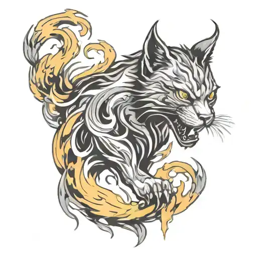 A fierce mythical hell cat breathing fire while surrounded by flames and skulls tattoo design idea
