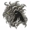 Sinister fire-breathing creature emerging from a fiery explosion in a mystical setting tattoo design idea