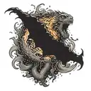 Sinister fire-breathing creature emerging from a fiery explosion in a mystical setting tattoo design idea