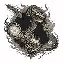 Sinister fire-breathing creature emerging from a fiery explosion in a mystical setting tattoo design idea