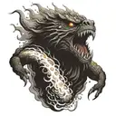 Sinister fire-breathing creature emerging from a fiery explosion in a mystical setting tattoo design idea