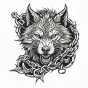 An evil and angry Fenrir wolf wrapped in chains with baseball stitches incorporated into the design tattoo design idea