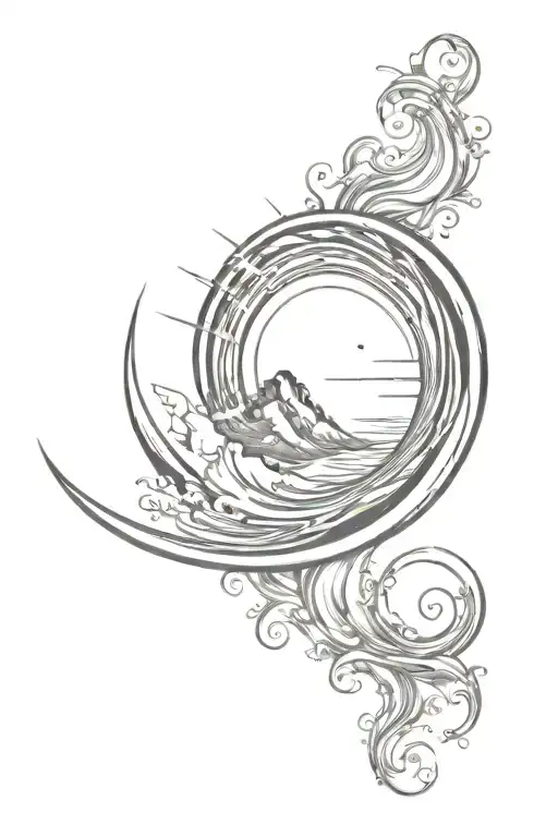 fibonacci sequence inspired tattoo featuring wind against waves and sun rays shining bursting through tattoo design idea