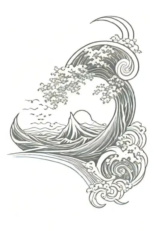 fibonacci sequence inspired tattoo featuring wind against waves and sun rays in background bursting through  tattoo design idea
