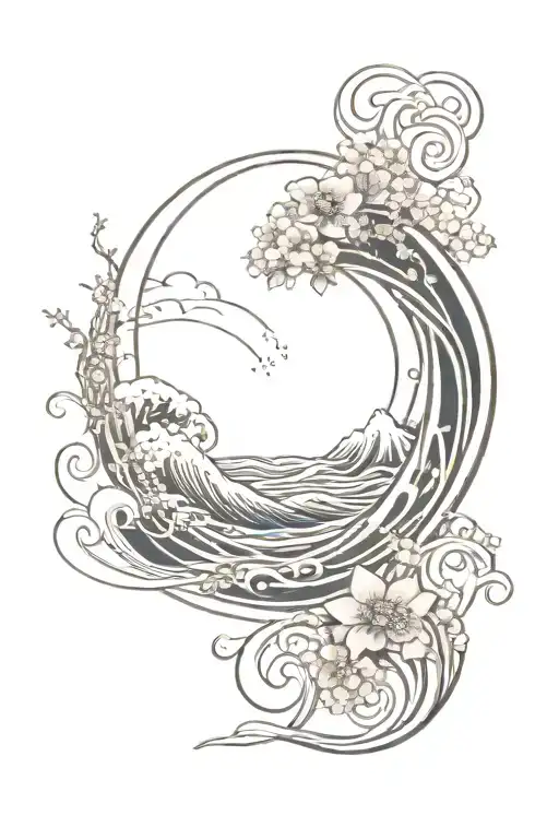 fibonacci sequence inspired tattoo featuring wind against waves and sun rays shining bursting through tattoo design idea