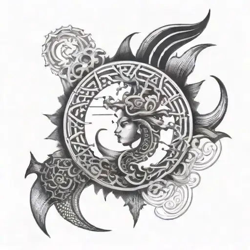 A dotwork tattoo of wind and ocean merging together, with hidden symbols of strength and protection   tattoo design idea