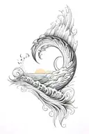 fibonacci sequence inspired tattoo featuring wind against waves and sun rays shining bursting through moody storm  tattoo design idea