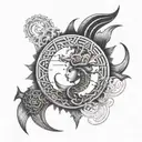 A dotwork tattoo of wind and ocean merging together, with hidden symbols of strength and protection   tattoo design idea