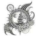A dotwork tattoo of wind and ocean merging together, with hidden symbols of strength and protection   tattoo design idea