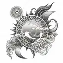 A dotwork tattoo of wind and ocean merging together, with hidden symbols of strength and protection   tattoo design idea