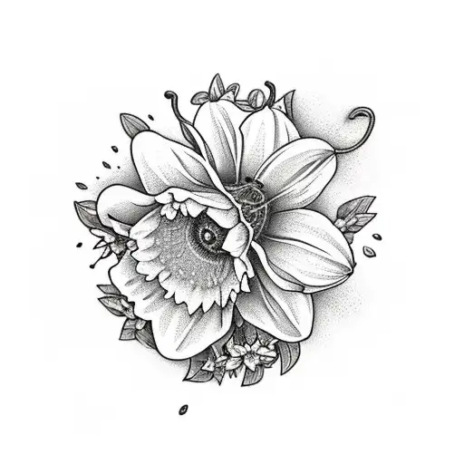 bee with daffodil, orange blossoms, and butterroot flowers tattoo design idea