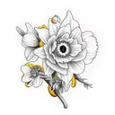 bee with daffodil, orange blossoms, and butterroot flowers tattoo design idea