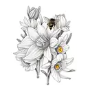 bee with daffodil, orange blossoms, and butterroot flowers tattoo design idea
