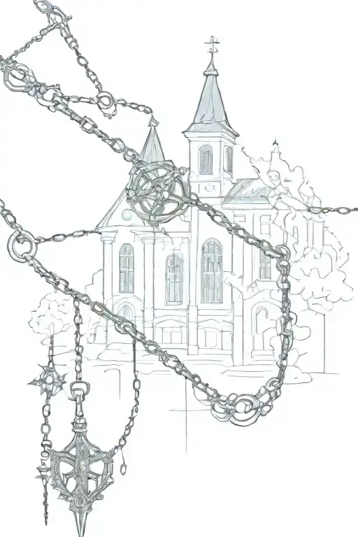 church with necklace with crosses and BDSM leather belt , iron thorns  tattoo design idea