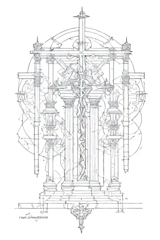 goth church's columns with crosses and BDSM leather things  , iron  big long thorns , latine inscriptions under picture  tattoo design idea