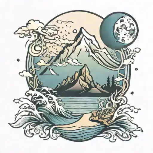 mountains moon ocean tattoo design idea
