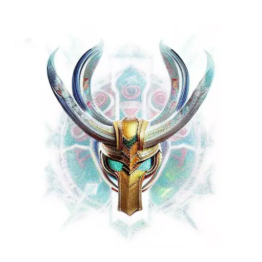 loki vikingo con reflejo de vidrieras de una catedral,a color tattoo design idea