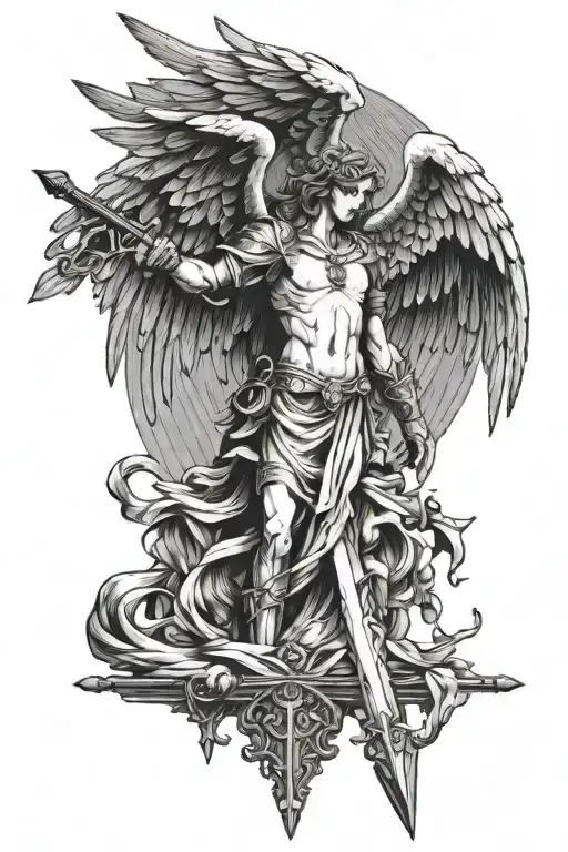 Guardian angel with large wings with a sword tattoo design idea