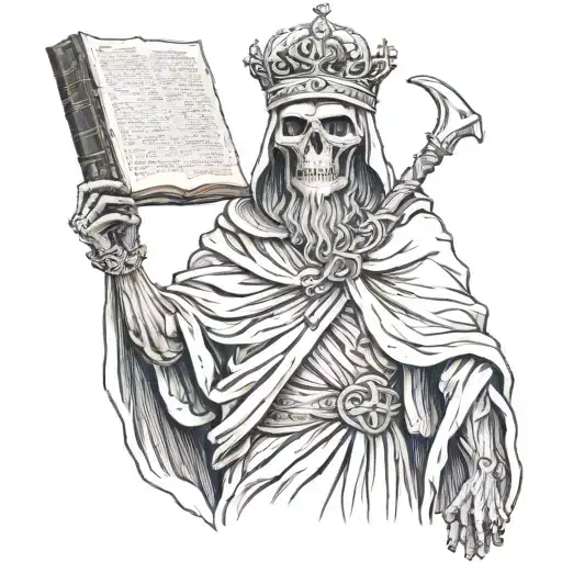 grim reaper standing crown holding book Greek sculpture  tattoo design idea
