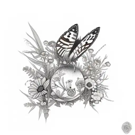 forest floor with quail, mouse, butterfly, bee, ferns, poppies tattoo design idea