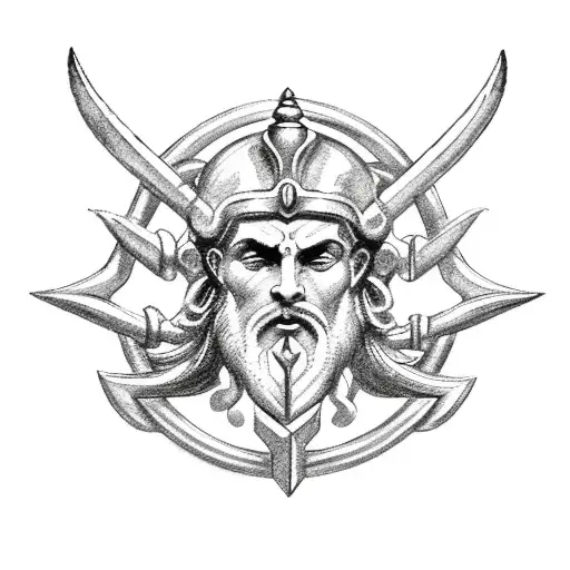 a symbol with the weapons of the 3 main greek gods, zeus' thunderbolt, poseidon's trident and hades' helmet tattoo design idea