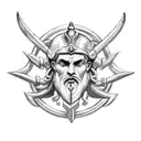 a symbol with the weapons of the 3 main greek gods, zeus' thunderbolt, poseidon's trident and hades' helmet tattoo design idea