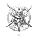 a symbol with the weapons of the 3 main greek gods, zeus' thunderbolt, poseidon's trident and hades' helmet tattoo design idea
