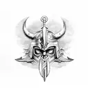 a symbol with the weapons of the 3 main greek gods, zeus' thunderbolt, poseidon's trident and hades' helmet tattoo design idea