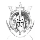 a symbol with the weapons of the 3 main greek gods, zeus' thunderbolt, poseidon's trident and hades' helmet tattoo design idea