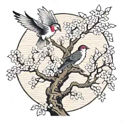Sakura tree with love bird flying away tattoo design idea