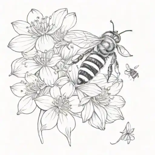 honey bee hovering over a tiny flower blooming tattoo design idea