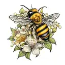 honey bee hovering over a tiny flower blooming tattoo design idea