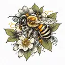 honey bee hovering over a tiny flower blooming tattoo design idea