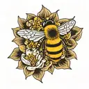 honey bee hovering over a tiny flower blooming tattoo design idea