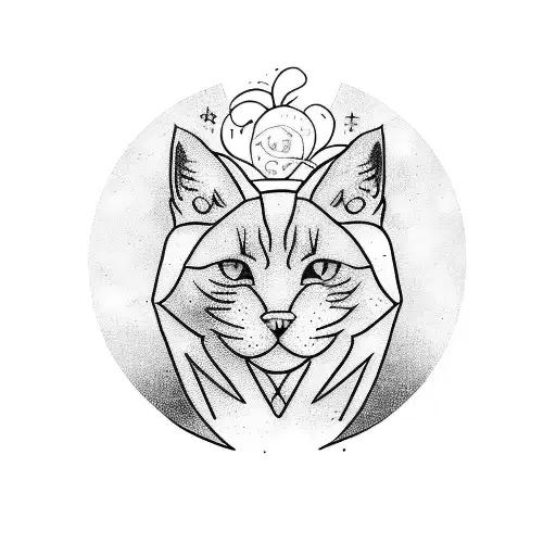 A tattoo design representing the connection between the moon, luck, and your passion for discovering new things, featuring a cat silhouette tattoo design idea