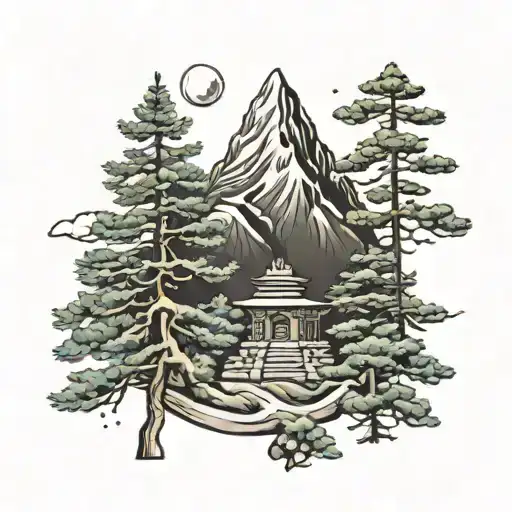 pine trees w nanda devi peak surrounded tattoo design idea