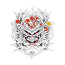 Flores del oto demonio oni, arboles y carpa koi tattoo design idea