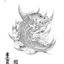 Flores del oto demonio oni, arboles y carpa koi tattoo design idea